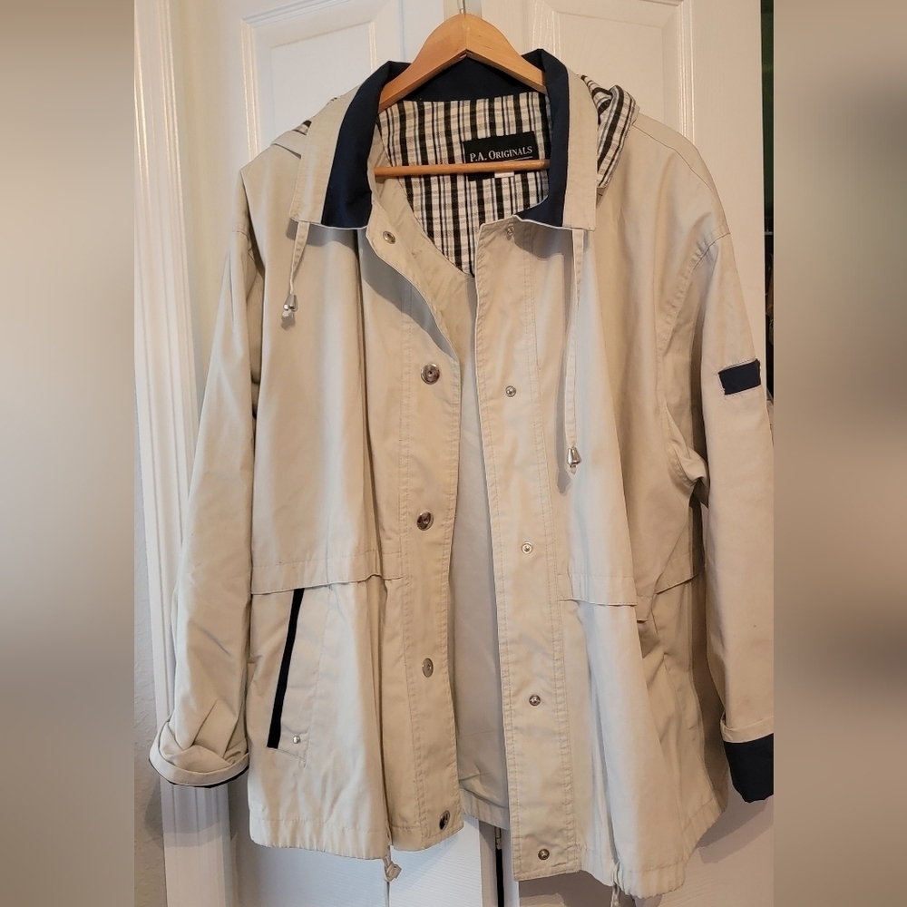 P.A. Originals khaki colored womens jackets with pockets and a‎ hood.